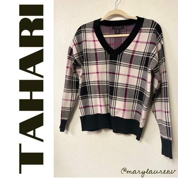 LIKE 🆕️ Tahari V Neck Plaid Sweater -Small- - Picture 1 of 5